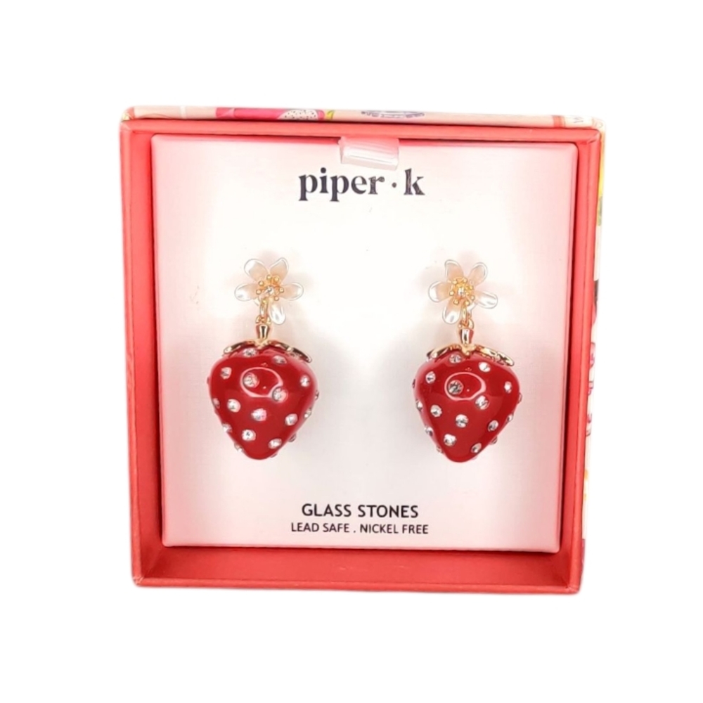 Piper K Red Strawberry Earrings With Rhinestone Accents